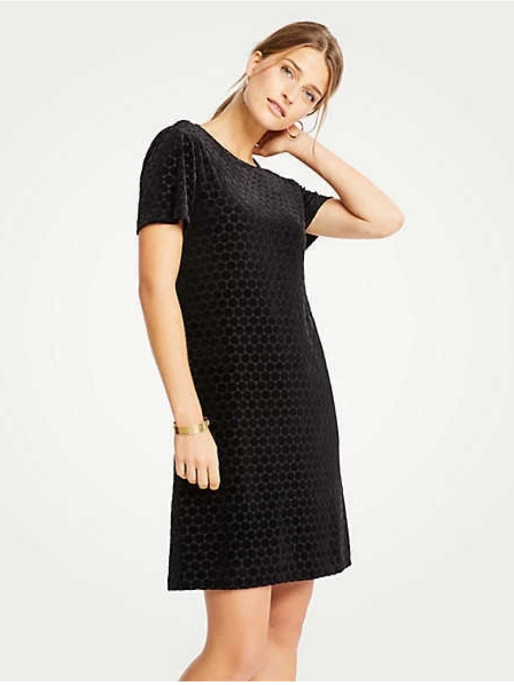 Ann Taylor Black Velvet Dot T-Shirt Shift Dress Size L
